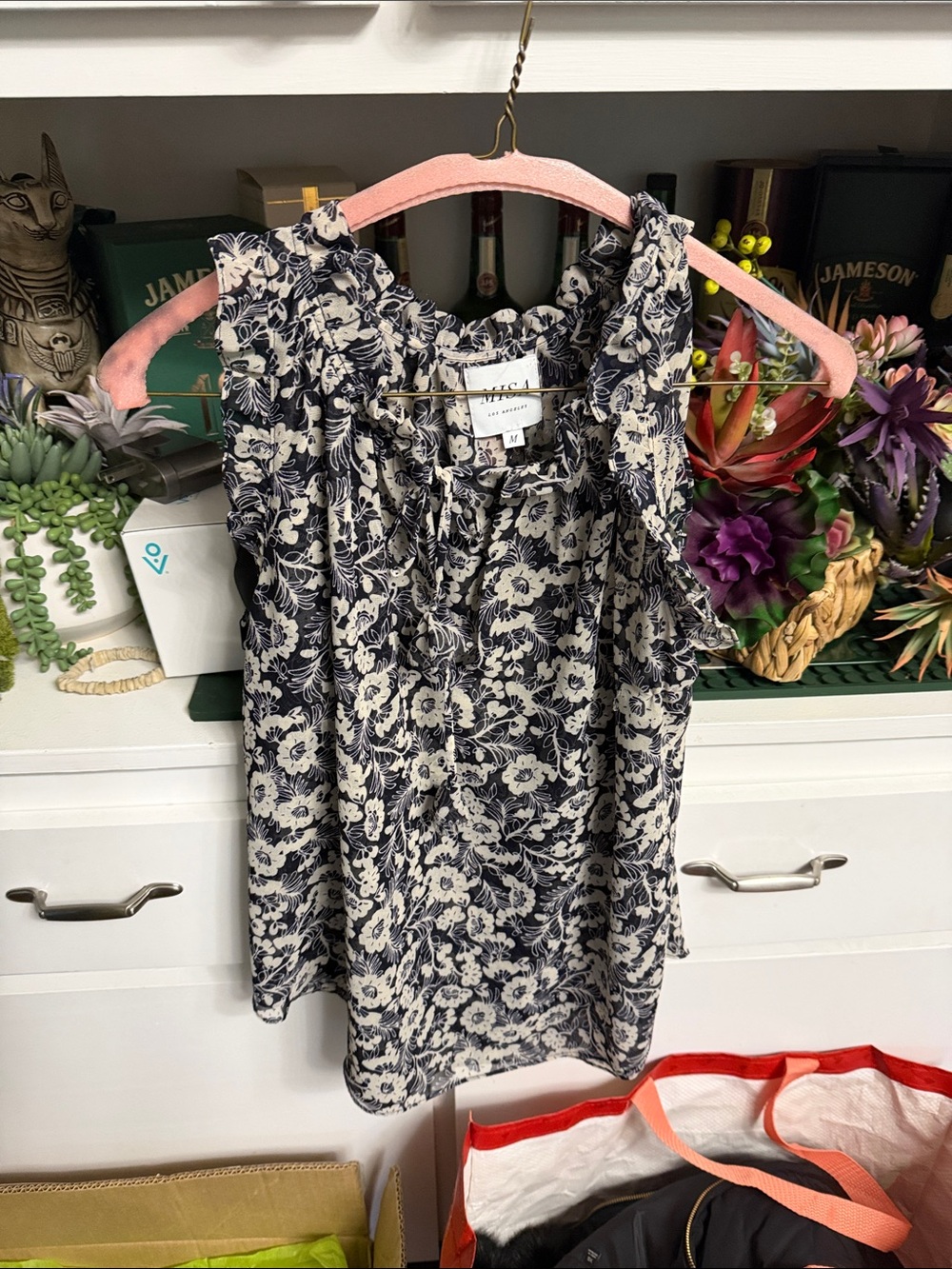 Misa Los Angeles Black and Cream Floral Ruffle Neck Sleeveless Camisole